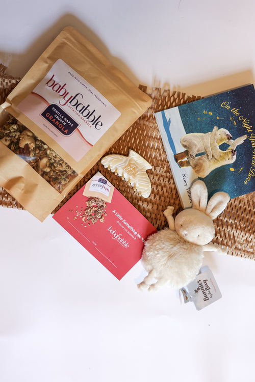 Baby Babble new mom gift set — lactation granola, hair claw, plush bunny for baby, and 'On the Night You Were Born' board book